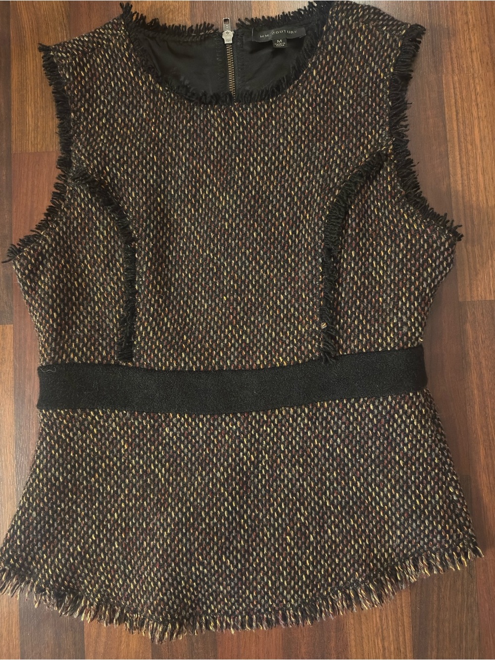 MM Couture Multicolor Tweed Sleeveless Peplum Top with Black Trim